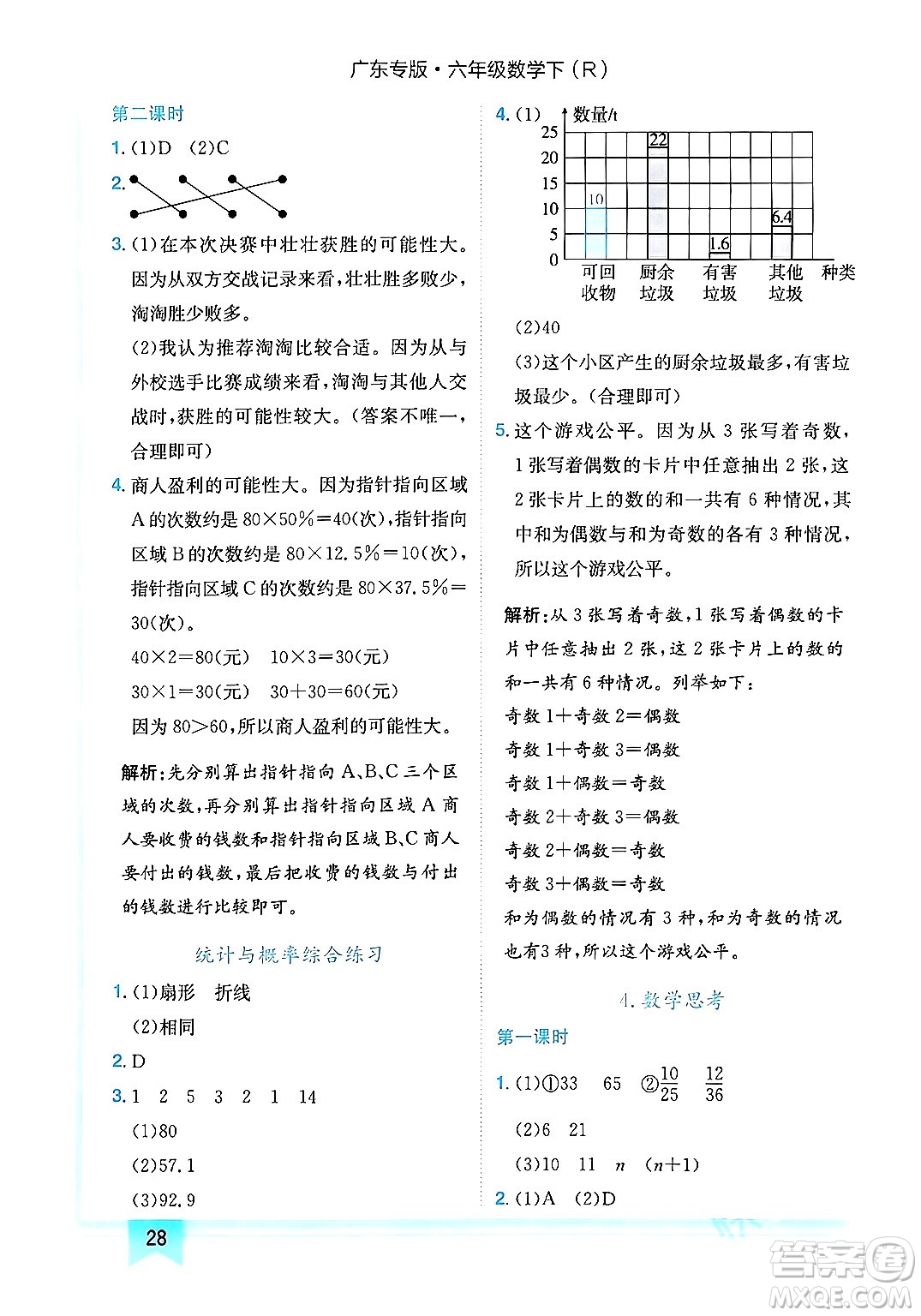 龍門書局2024年春黃岡小狀元作業(yè)本六年級數(shù)學(xué)下冊人教版廣東專版答案