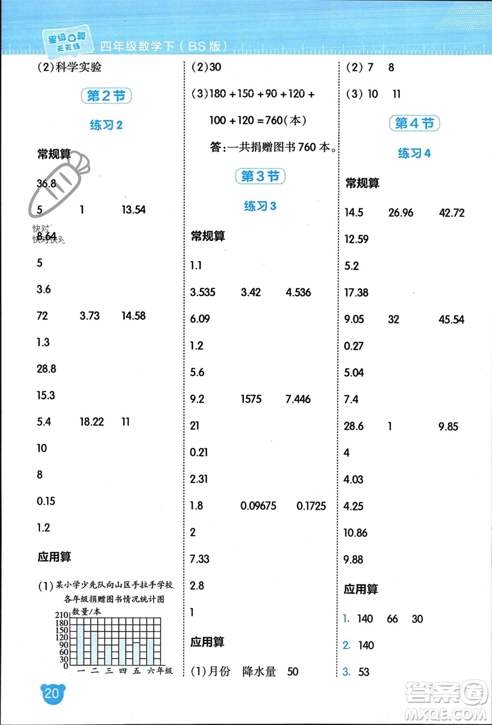 安徽教育出版社2024年春榮德基星級(jí)口算天天練四年級(jí)數(shù)學(xué)下冊(cè)北師大版參考答案