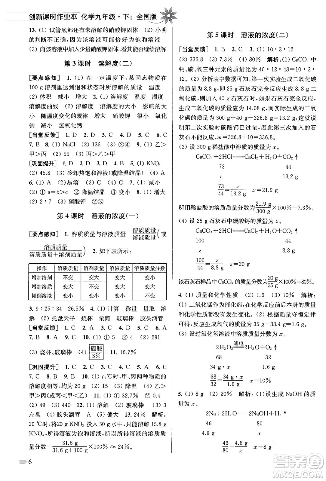 江蘇鳳凰美術(shù)出版社2024年春創(chuàng)新課時作業(yè)本九年級化學(xué)下冊全國版答案