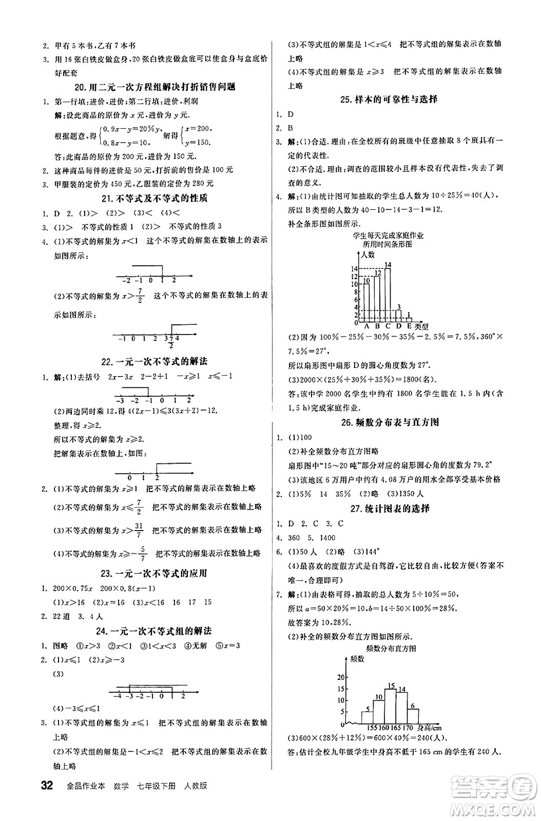 陽光出版社2024年春全品作業(yè)本七年級數(shù)學(xué)下冊人教版答案