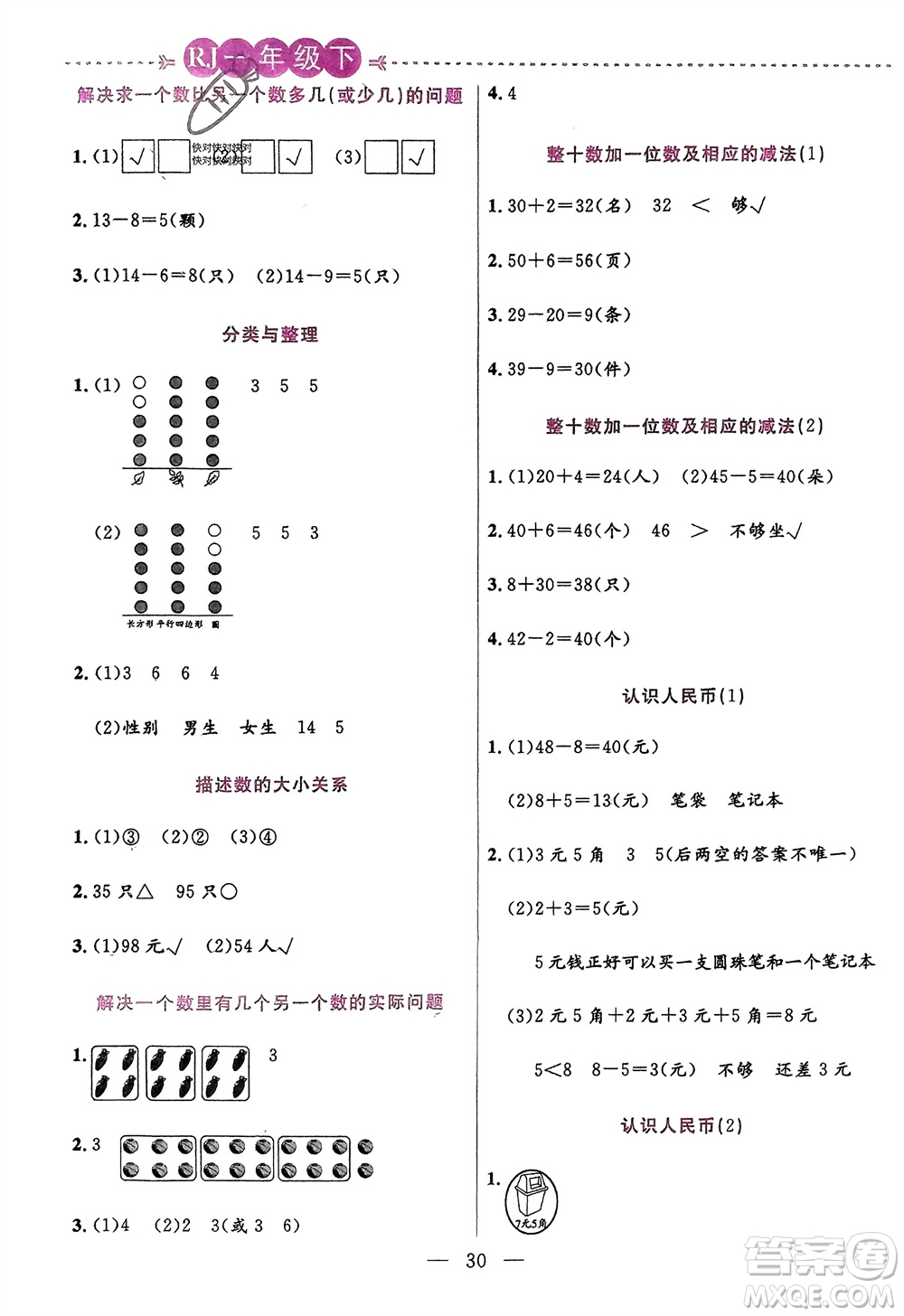 陽光出版社2024年春揚帆文化星級口算天天練一年級數(shù)學下冊人教版參考答案