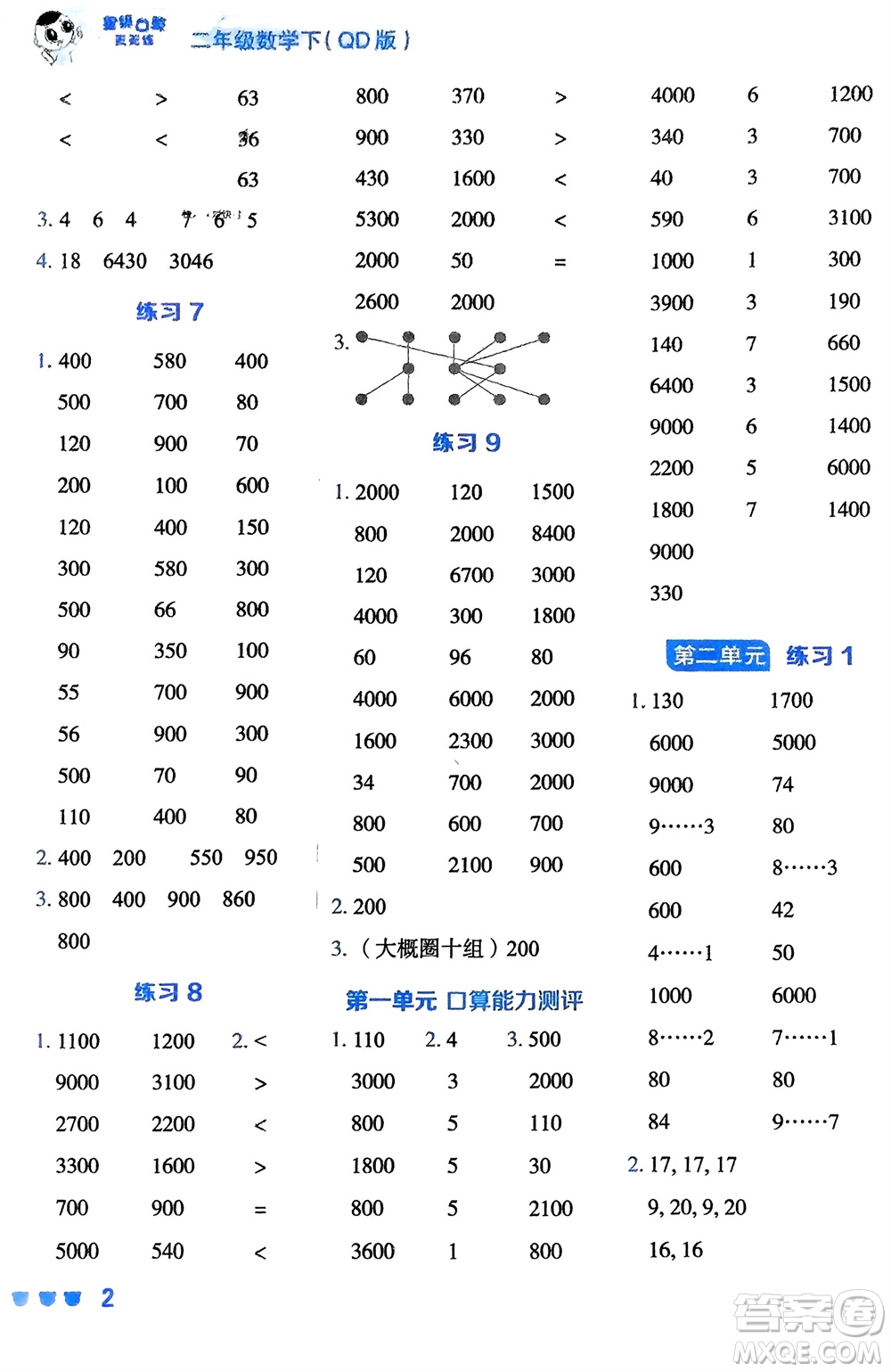 安徽教育出版社2024年春榮德基星級口算天天練二年級數(shù)學(xué)下冊五四學(xué)制青島版參考答案