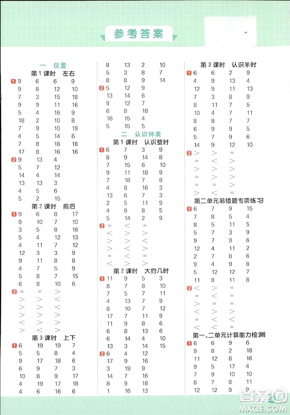 江西教育出版社2024年春陽光同學計算小達人一年級數學下冊冀教版參考答案