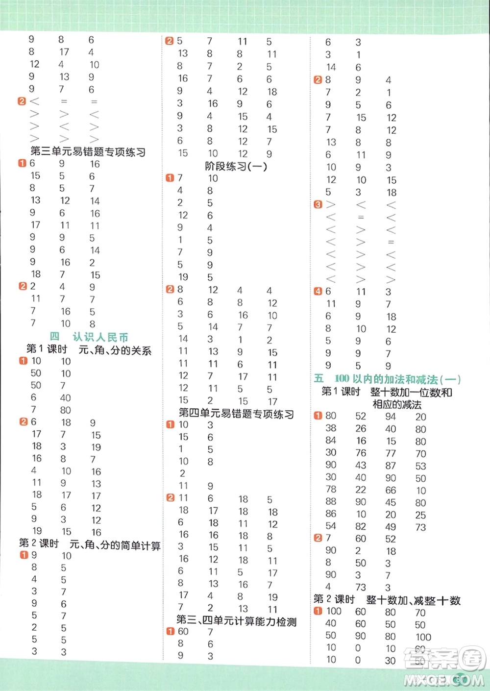 江西教育出版社2024年春陽光同學計算小達人一年級數學下冊冀教版參考答案