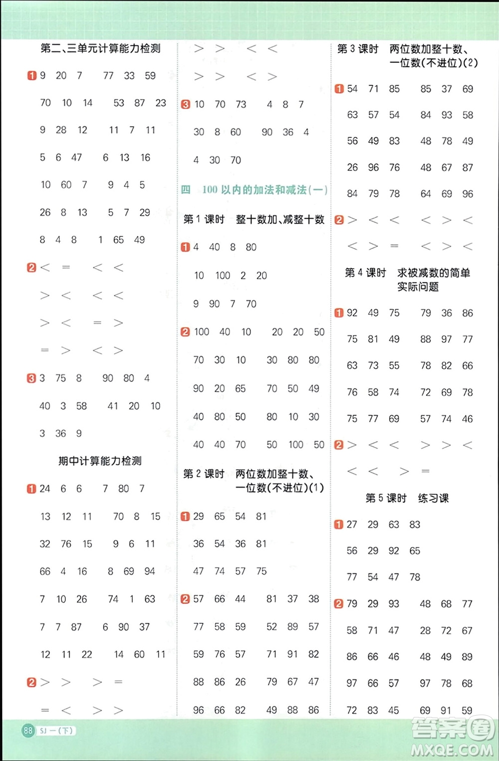 江西教育出版社2024年春陽光同學(xué)計(jì)算小達(dá)人一年級數(shù)學(xué)下冊蘇教版參考答案