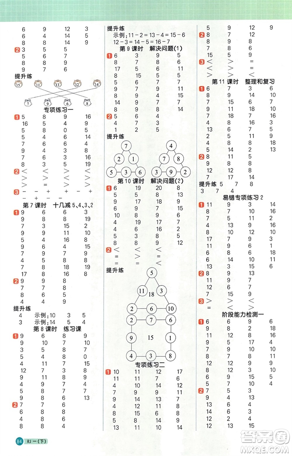 江西教育出版社2024年春陽光同學(xué)計(jì)算小達(dá)人一年級(jí)數(shù)學(xué)下冊人教版參考答案