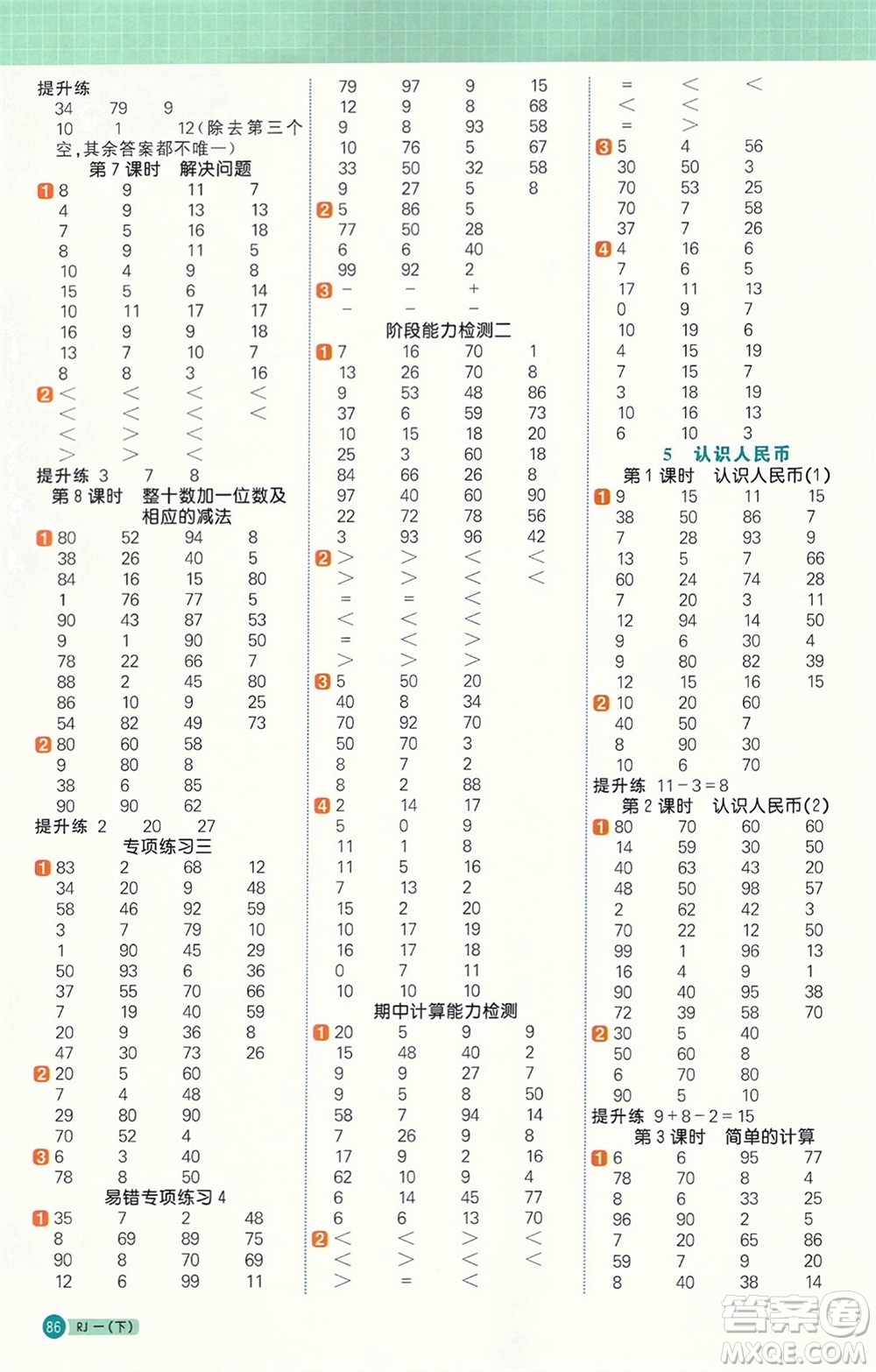 江西教育出版社2024年春陽光同學(xué)計(jì)算小達(dá)人一年級(jí)數(shù)學(xué)下冊人教版參考答案