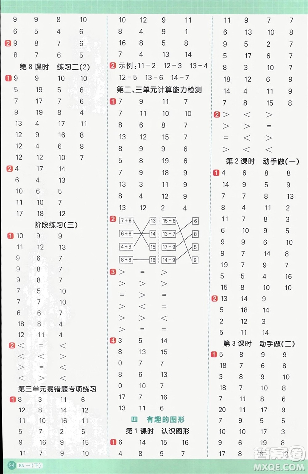 江西教育出版社2024年春陽(yáng)光同學(xué)計(jì)算小達(dá)人一年級(jí)數(shù)學(xué)下冊(cè)北師大版參考答案