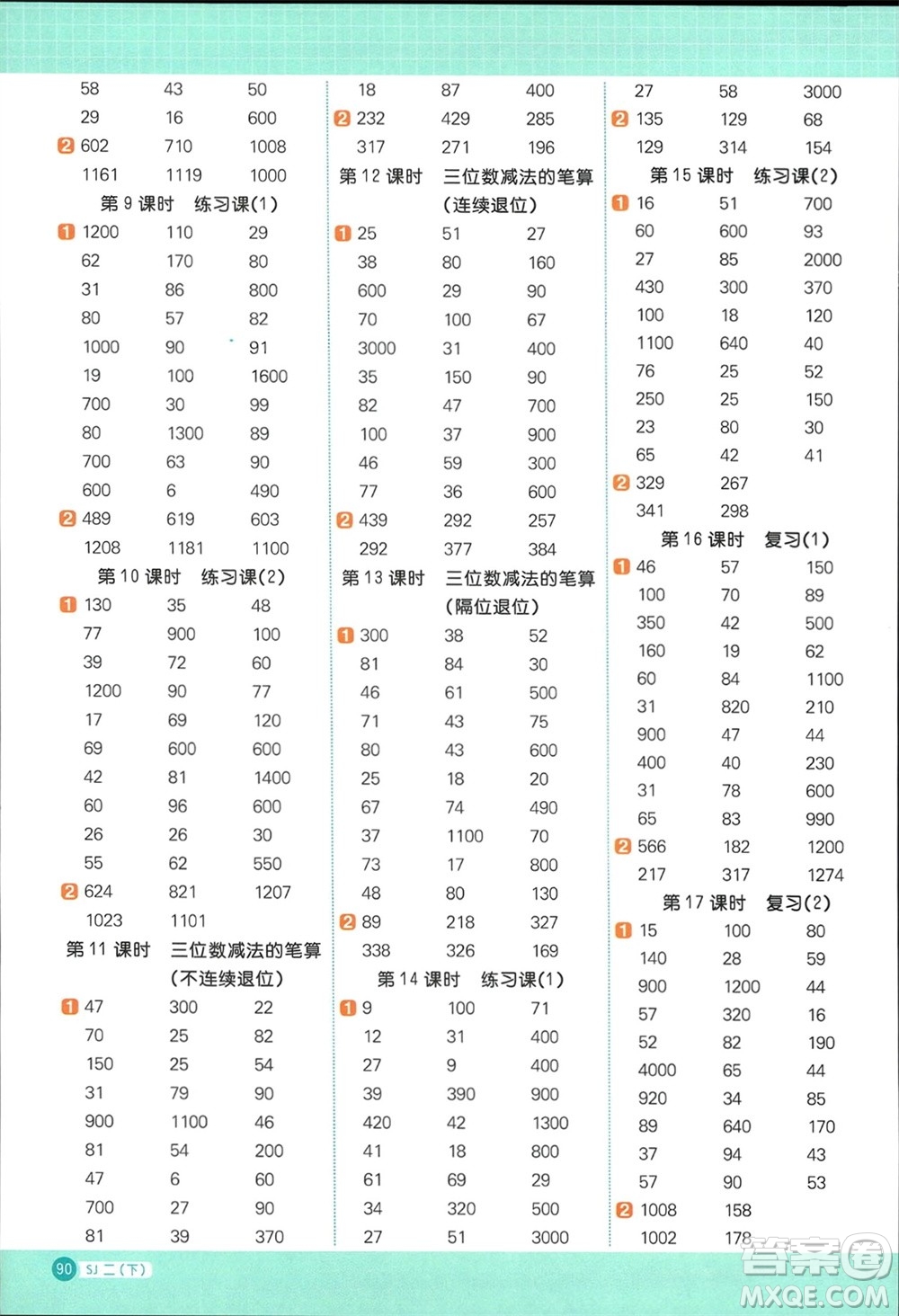 江西教育出版社2024年春陽光同學(xué)計(jì)算小達(dá)人二年級數(shù)學(xué)下冊蘇教版參考答案