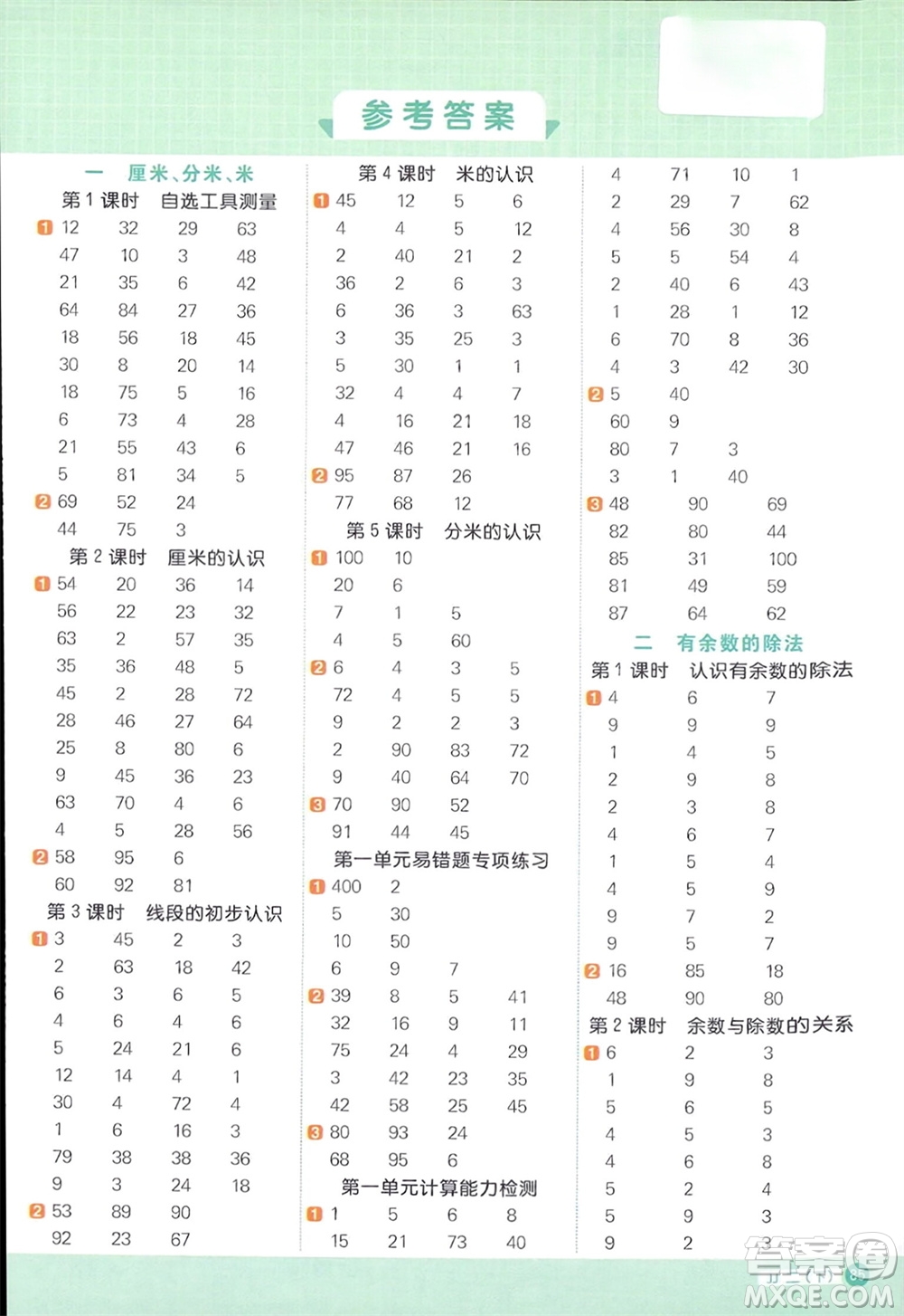 江西教育出版社2024年春陽光同學(xué)計(jì)算小達(dá)人二年級(jí)數(shù)學(xué)下冊(cè)冀教版參考答案