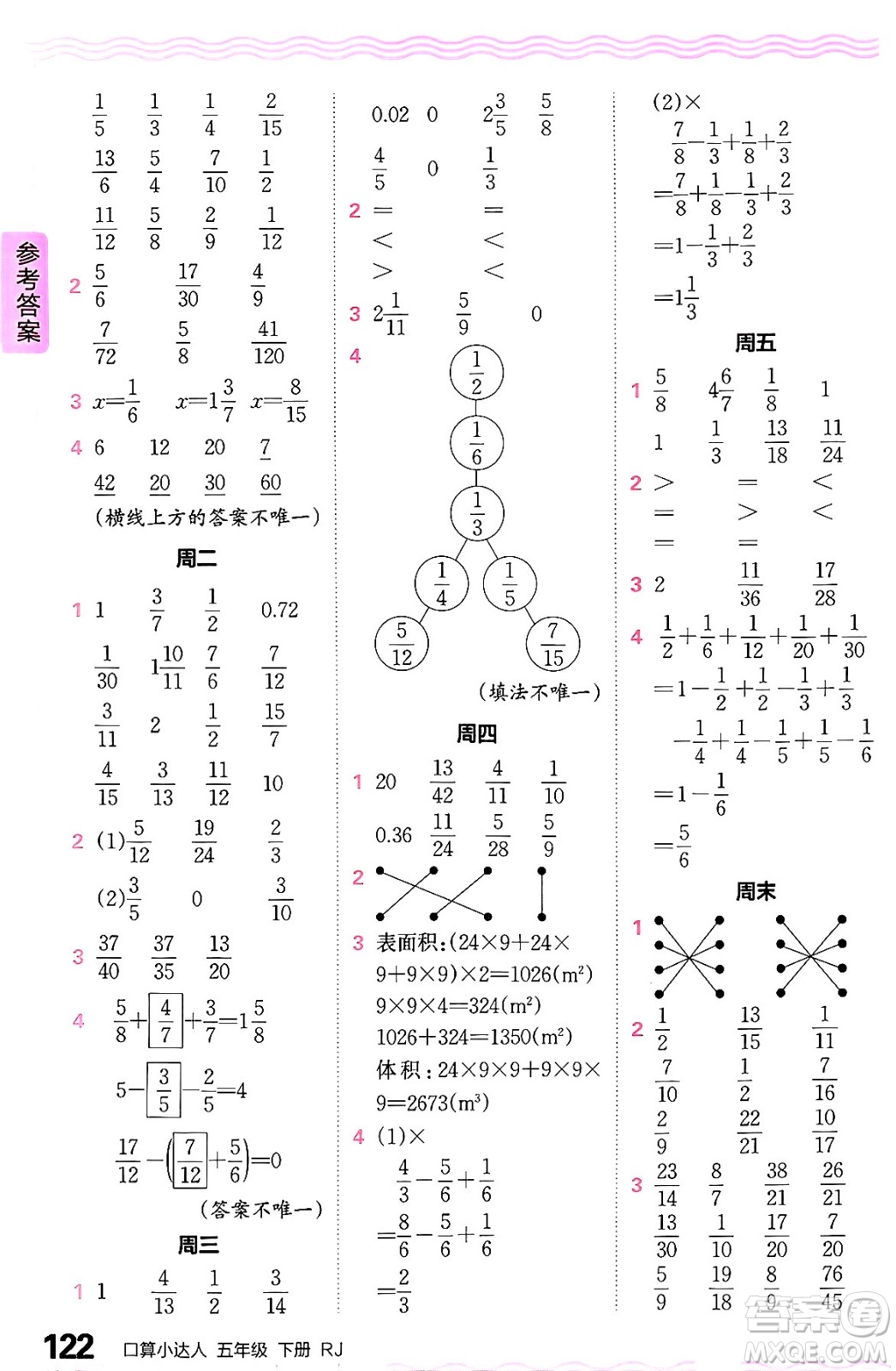 江西人民出版社2024年春王朝霞口算小達人五年級數(shù)學下冊人教版答案