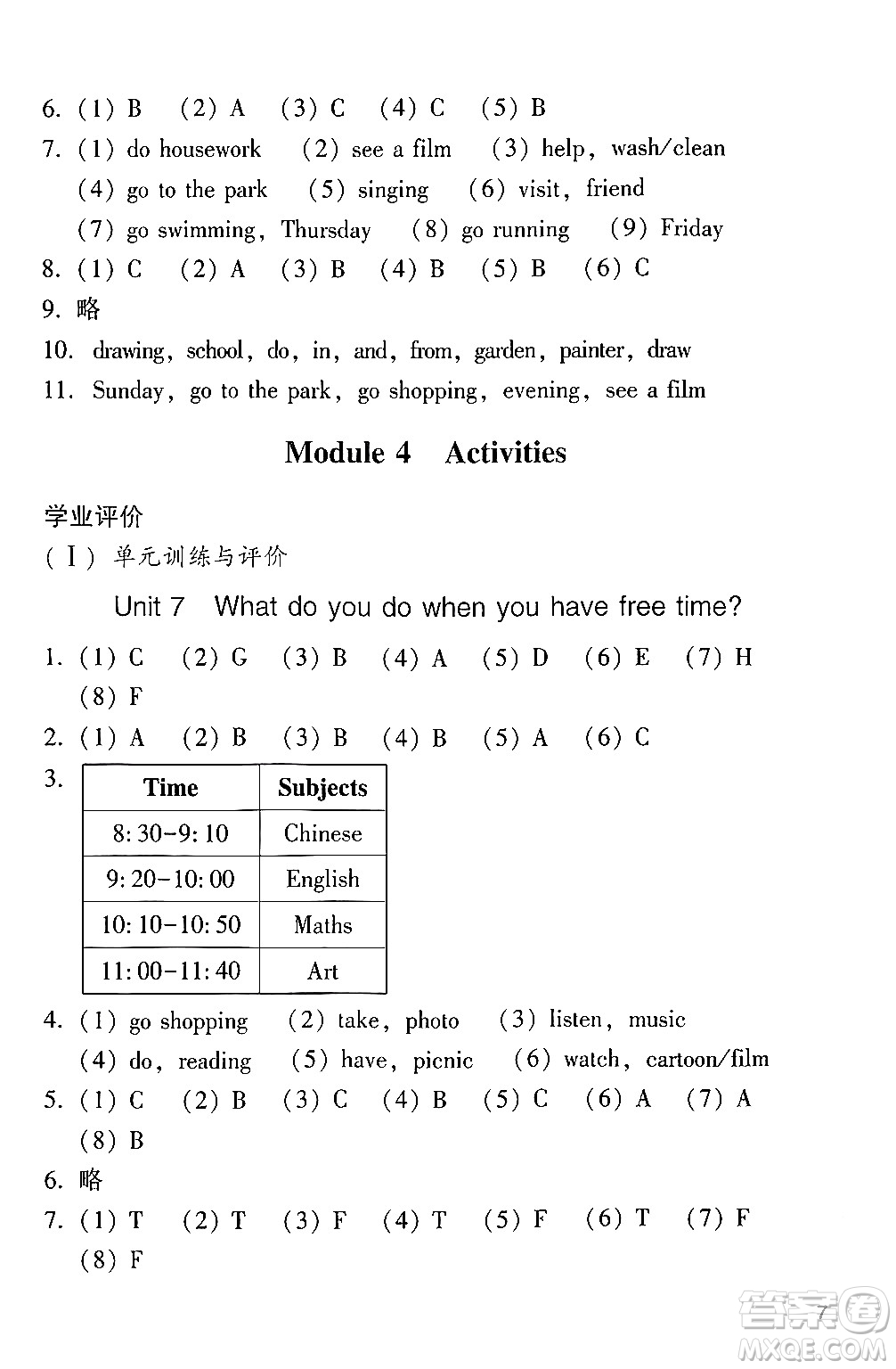 廣州出版社2024年春陽(yáng)光學(xué)業(yè)評(píng)價(jià)四年級(jí)英語(yǔ)下冊(cè)教科版答案