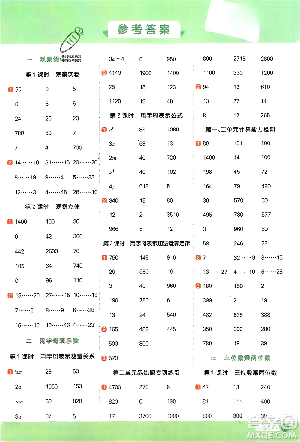 江西教育出版社2024年春陽光同學(xué)計算小達(dá)人四年級數(shù)學(xué)下冊冀教版參考答案