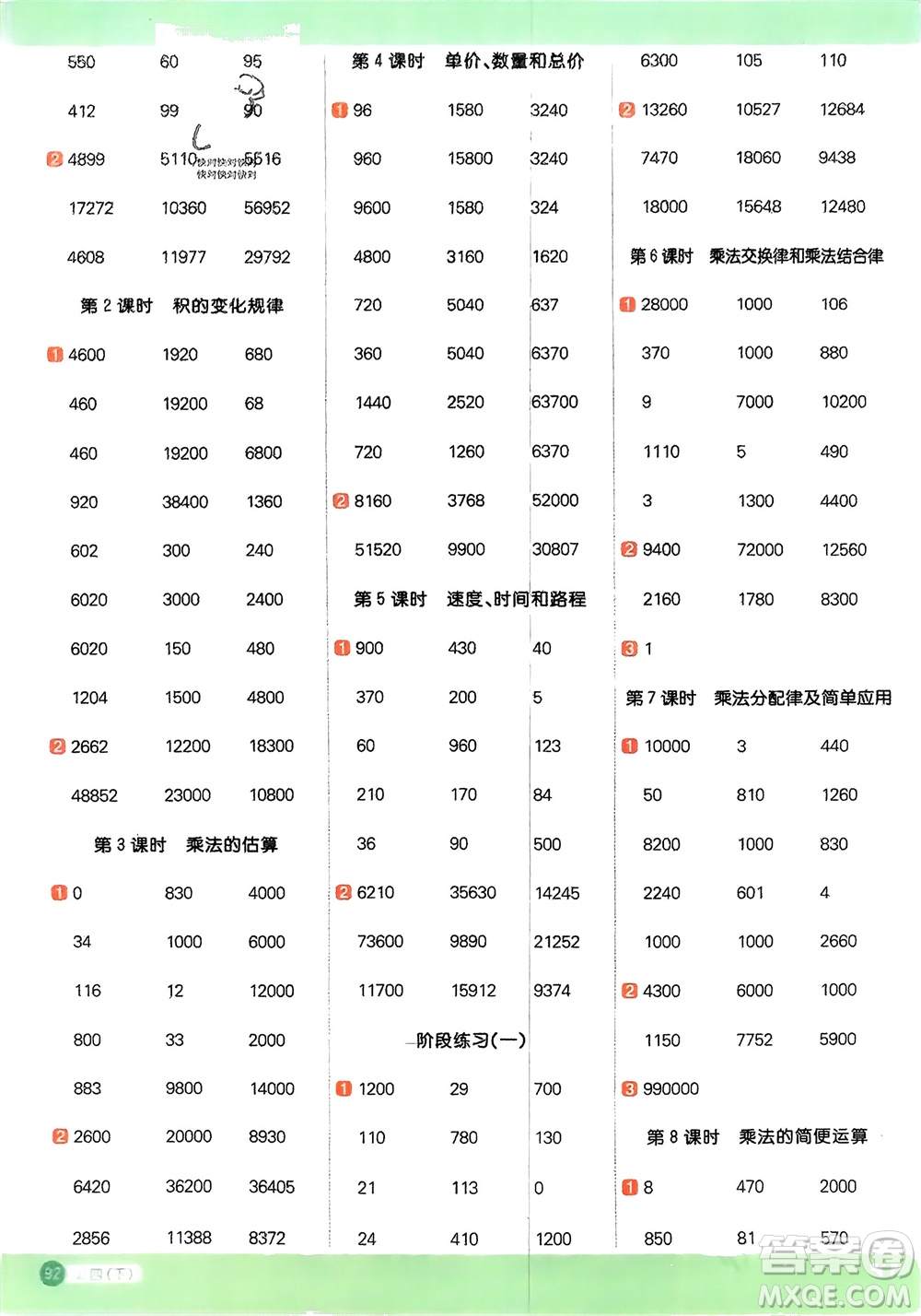 江西教育出版社2024年春陽光同學(xué)計算小達(dá)人四年級數(shù)學(xué)下冊冀教版參考答案