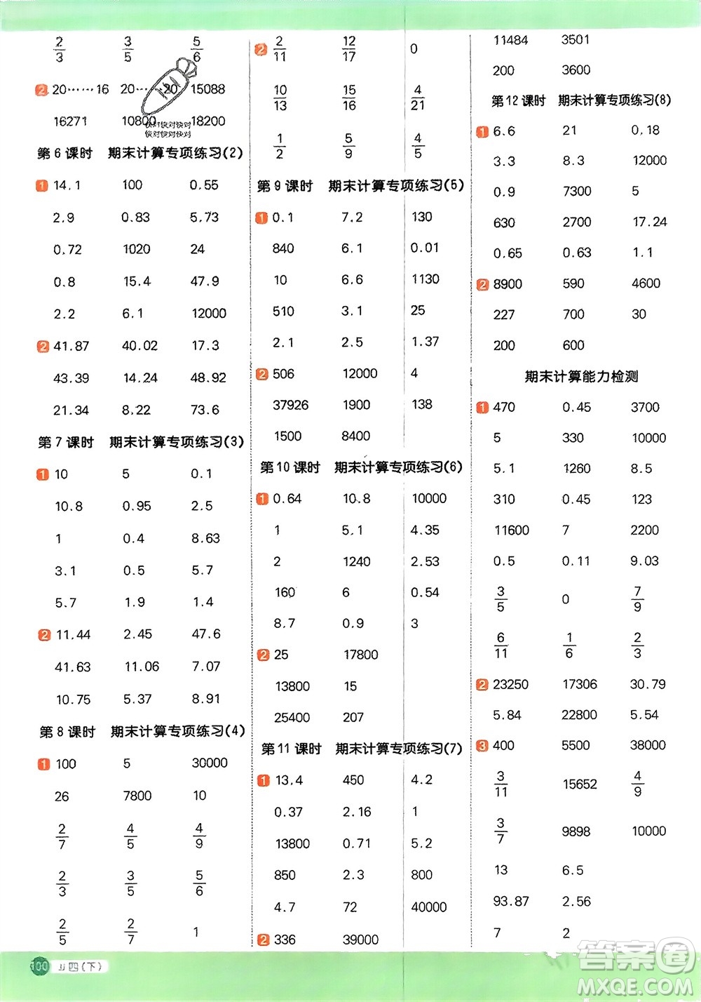 江西教育出版社2024年春陽光同學(xué)計算小達(dá)人四年級數(shù)學(xué)下冊冀教版參考答案