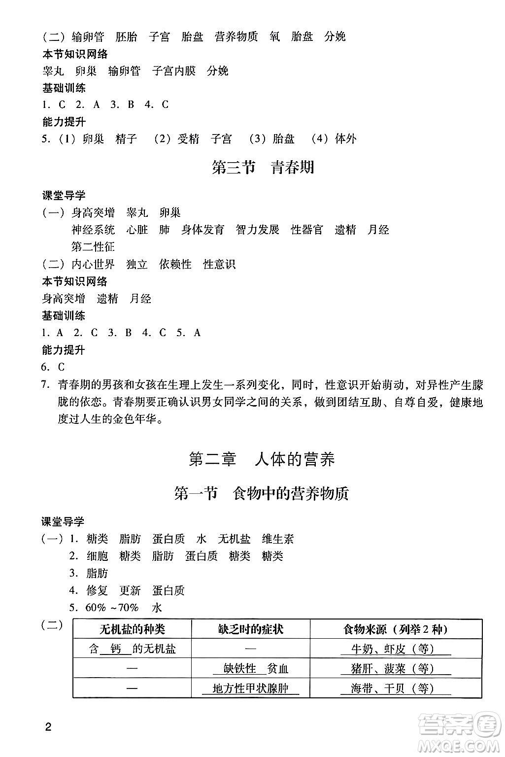 廣州出版社2024年春陽光學業(yè)評價七年級生物下冊人教版答案