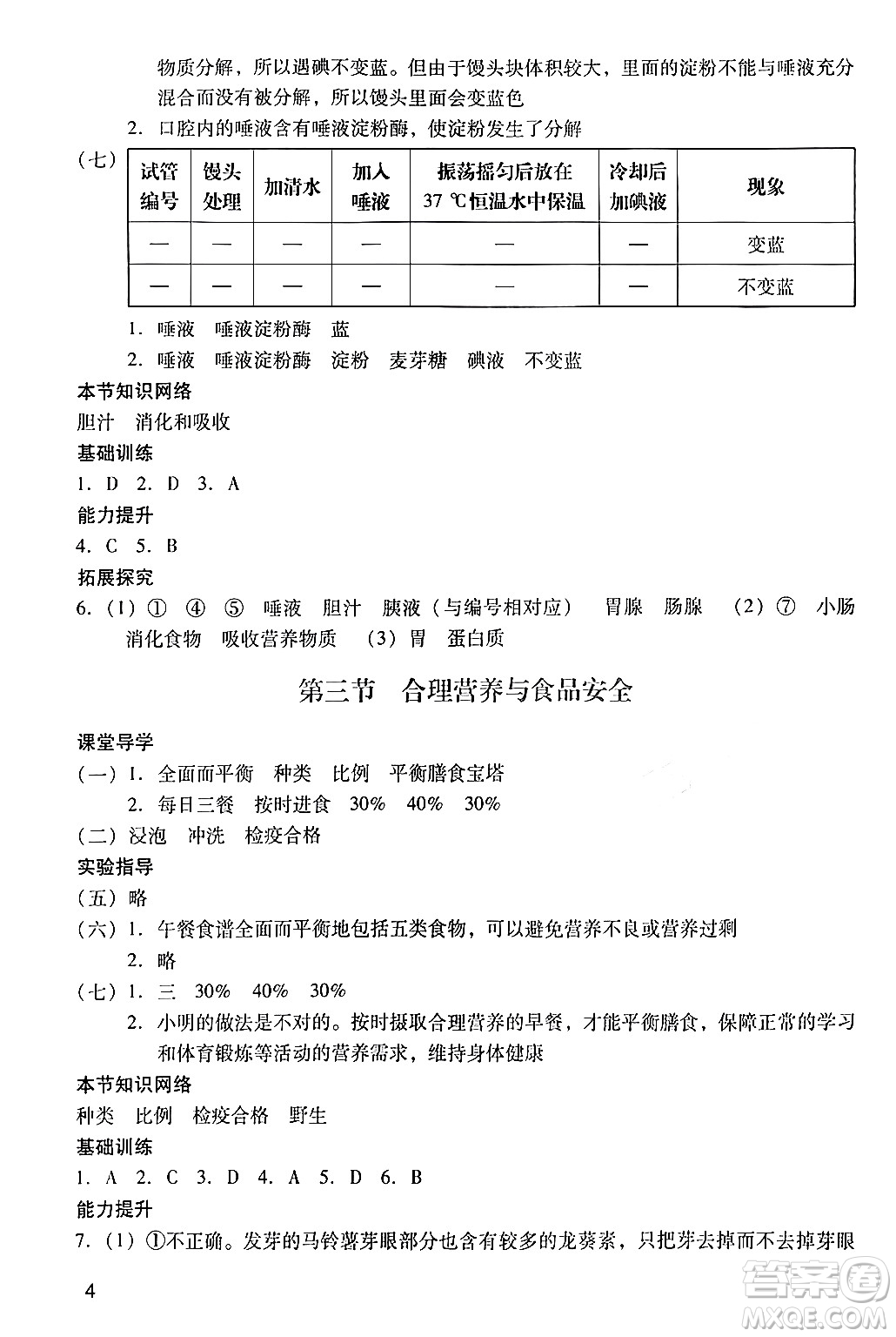 廣州出版社2024年春陽光學業(yè)評價七年級生物下冊人教版答案