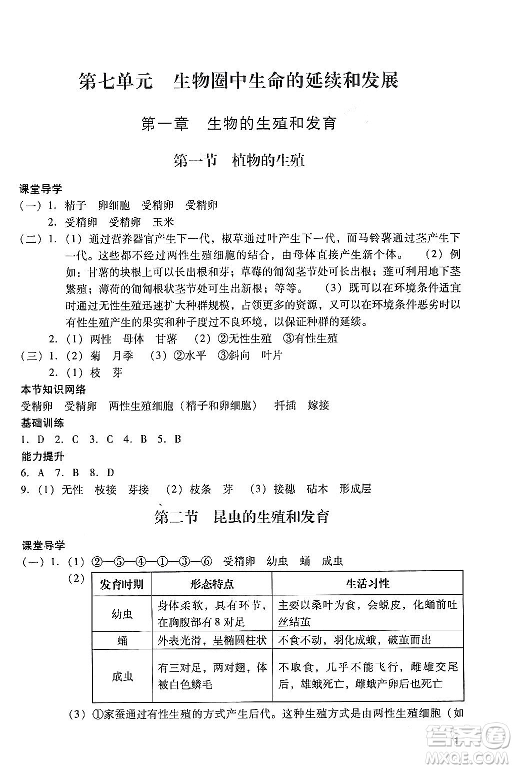 廣州出版社2024年春陽光學業(yè)評價八年級生物下冊人教版答案