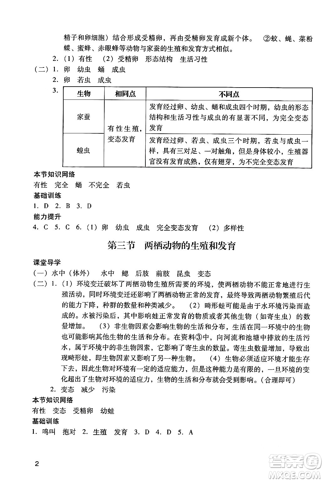 廣州出版社2024年春陽光學業(yè)評價八年級生物下冊人教版答案