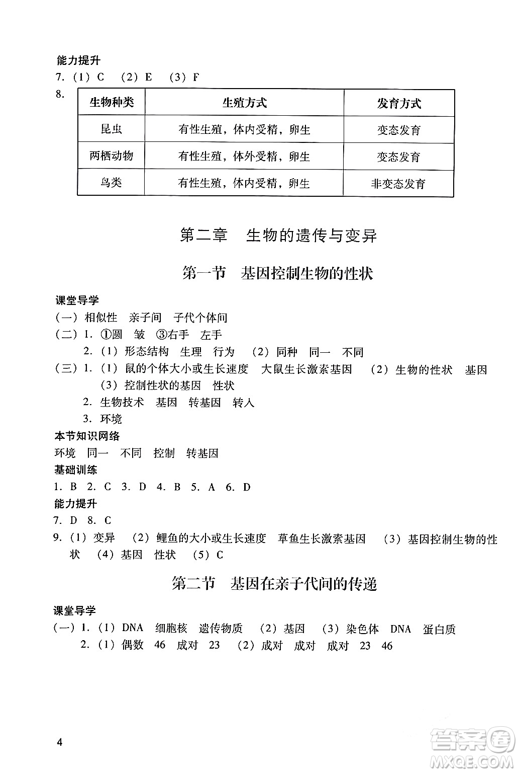 廣州出版社2024年春陽光學業(yè)評價八年級生物下冊人教版答案