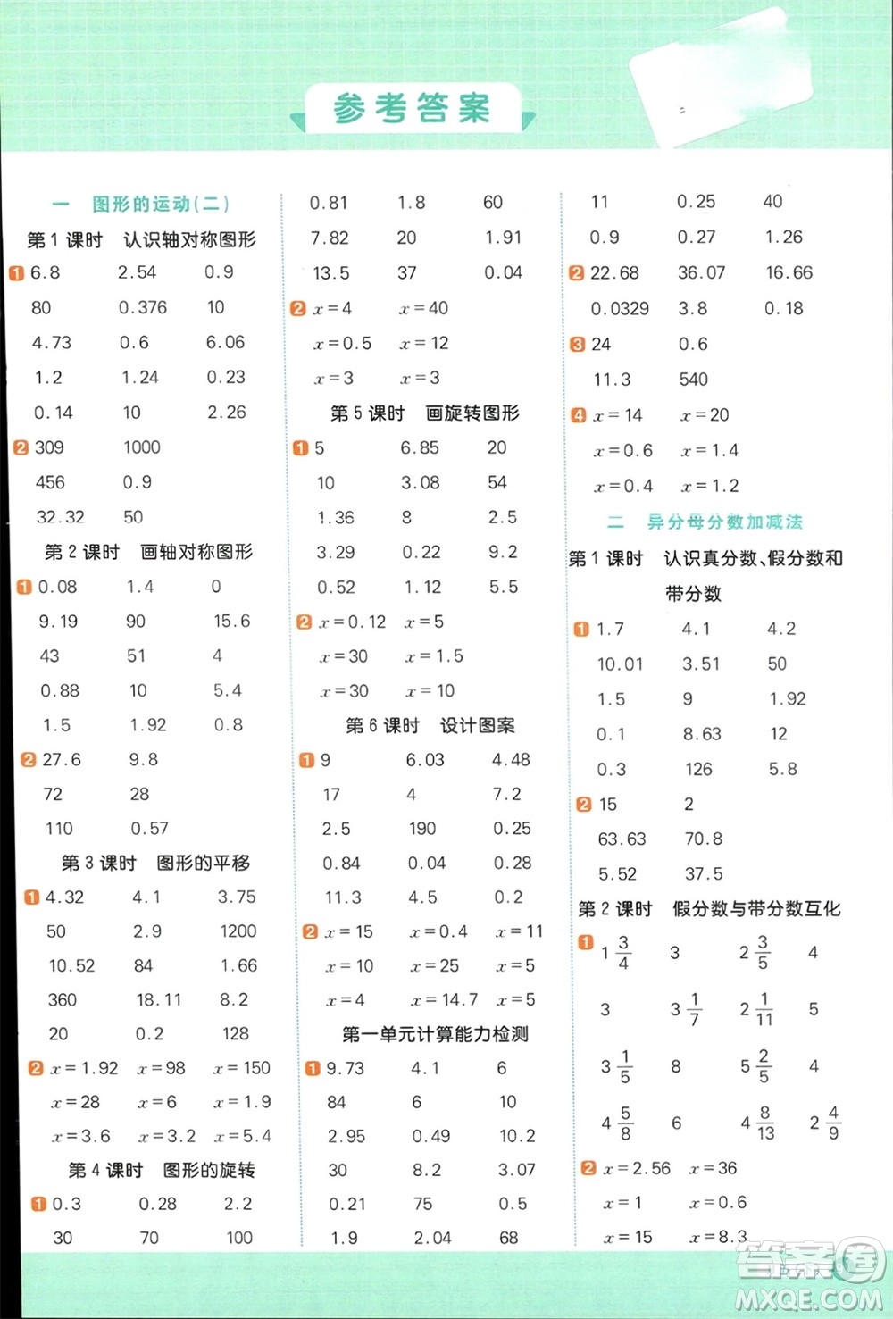 江西教育出版社2024年春陽(yáng)光同學(xué)計(jì)算小達(dá)人五年級(jí)數(shù)學(xué)下冊(cè)冀教版參考答案