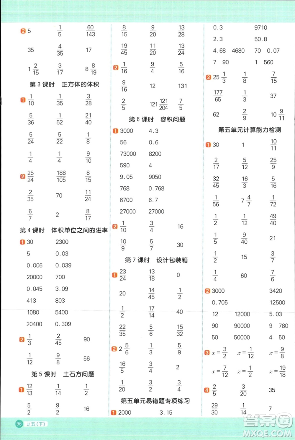 江西教育出版社2024年春陽(yáng)光同學(xué)計(jì)算小達(dá)人五年級(jí)數(shù)學(xué)下冊(cè)冀教版參考答案