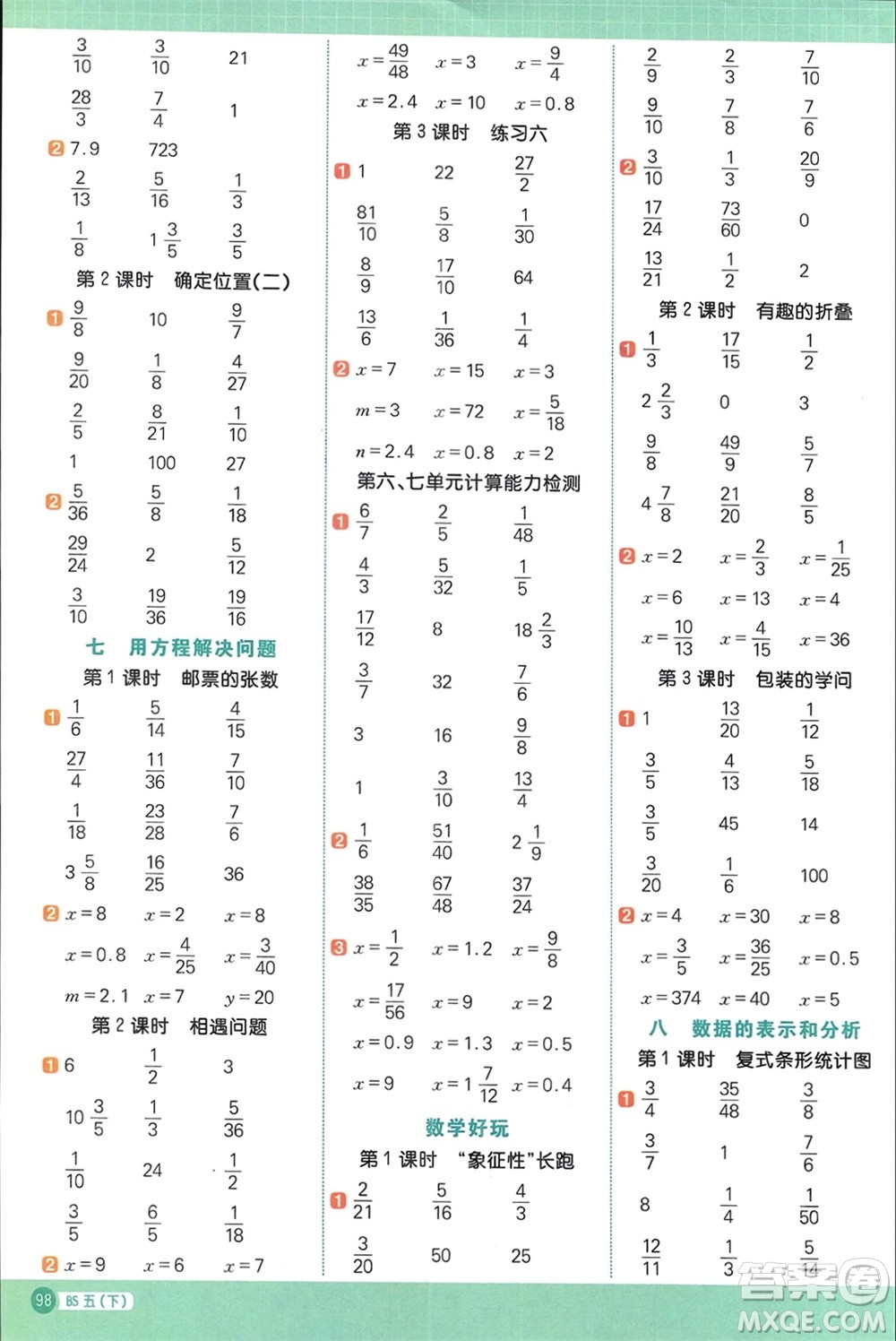 江西教育出版社2024年春陽(yáng)光同學(xué)計(jì)算小達(dá)人五年級(jí)數(shù)學(xué)下冊(cè)北師大版參考答案