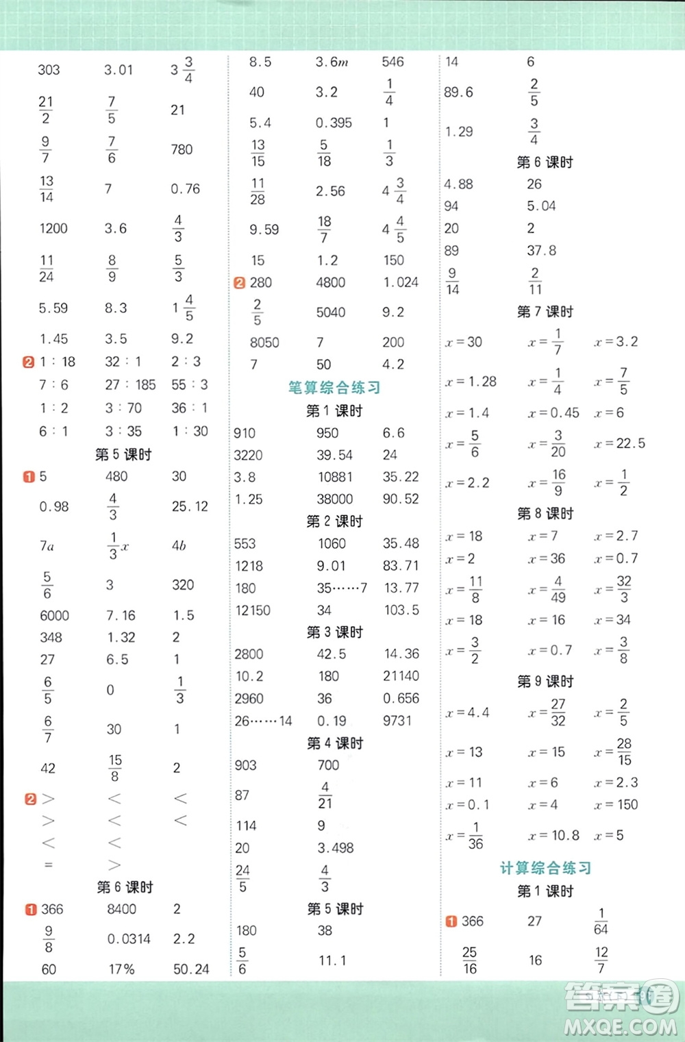 江西教育出版社2024年春陽光同學(xué)計算小達(dá)人六年級數(shù)學(xué)下冊蘇教版參考答案