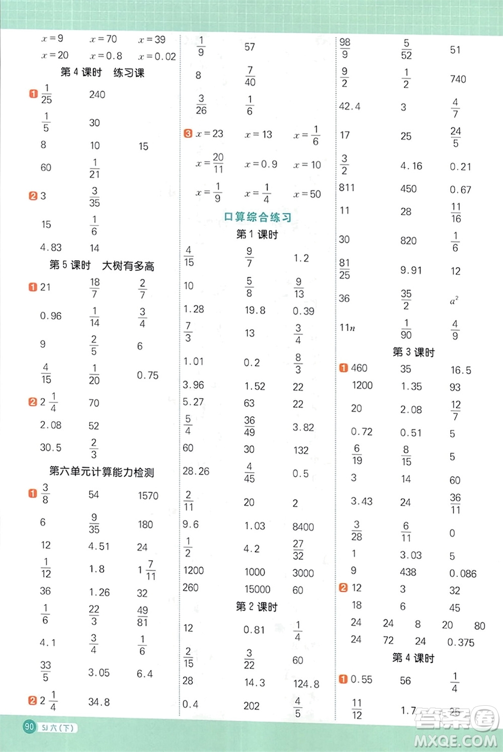 江西教育出版社2024年春陽光同學(xué)計算小達(dá)人六年級數(shù)學(xué)下冊蘇教版參考答案