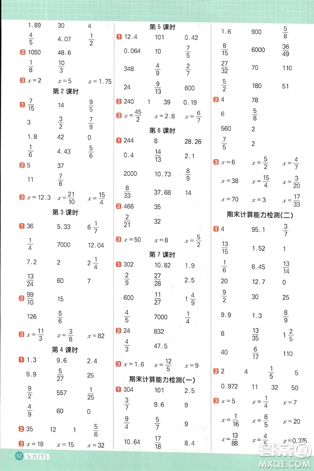 江西教育出版社2024年春陽光同學(xué)計算小達(dá)人六年級數(shù)學(xué)下冊蘇教版參考答案