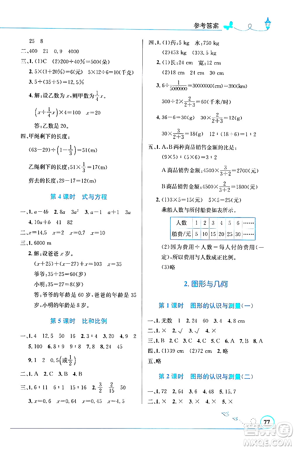 人民教育出版社2024年春小學同步測控優(yōu)化設(shè)計六年級數(shù)學下冊人教版福建專版答案