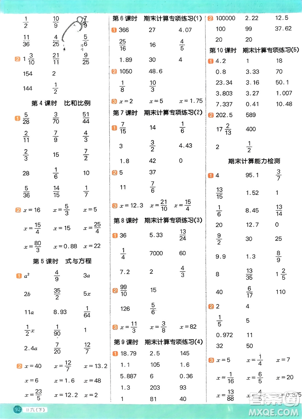 江西教育出版社2024年春陽(yáng)光同學(xué)計(jì)算小達(dá)人六年級(jí)數(shù)學(xué)下冊(cè)冀教版參考答案