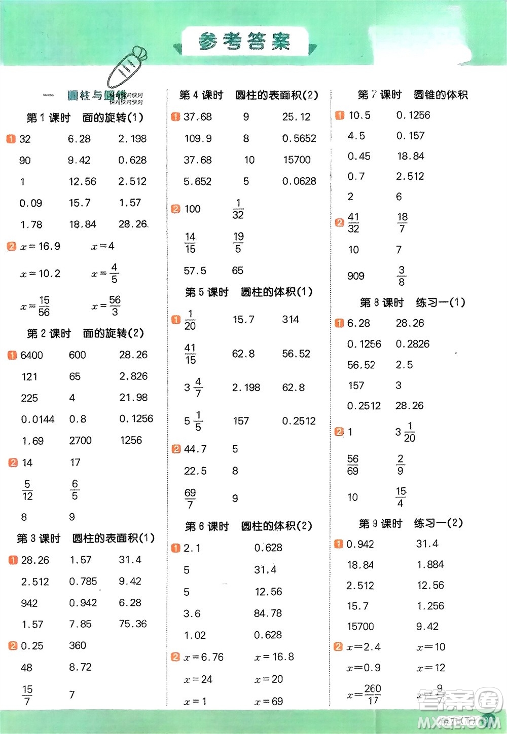 江西教育出版社2024年春陽(yáng)光同學(xué)計(jì)算小達(dá)人六年級(jí)數(shù)學(xué)下冊(cè)北師大版參考答案