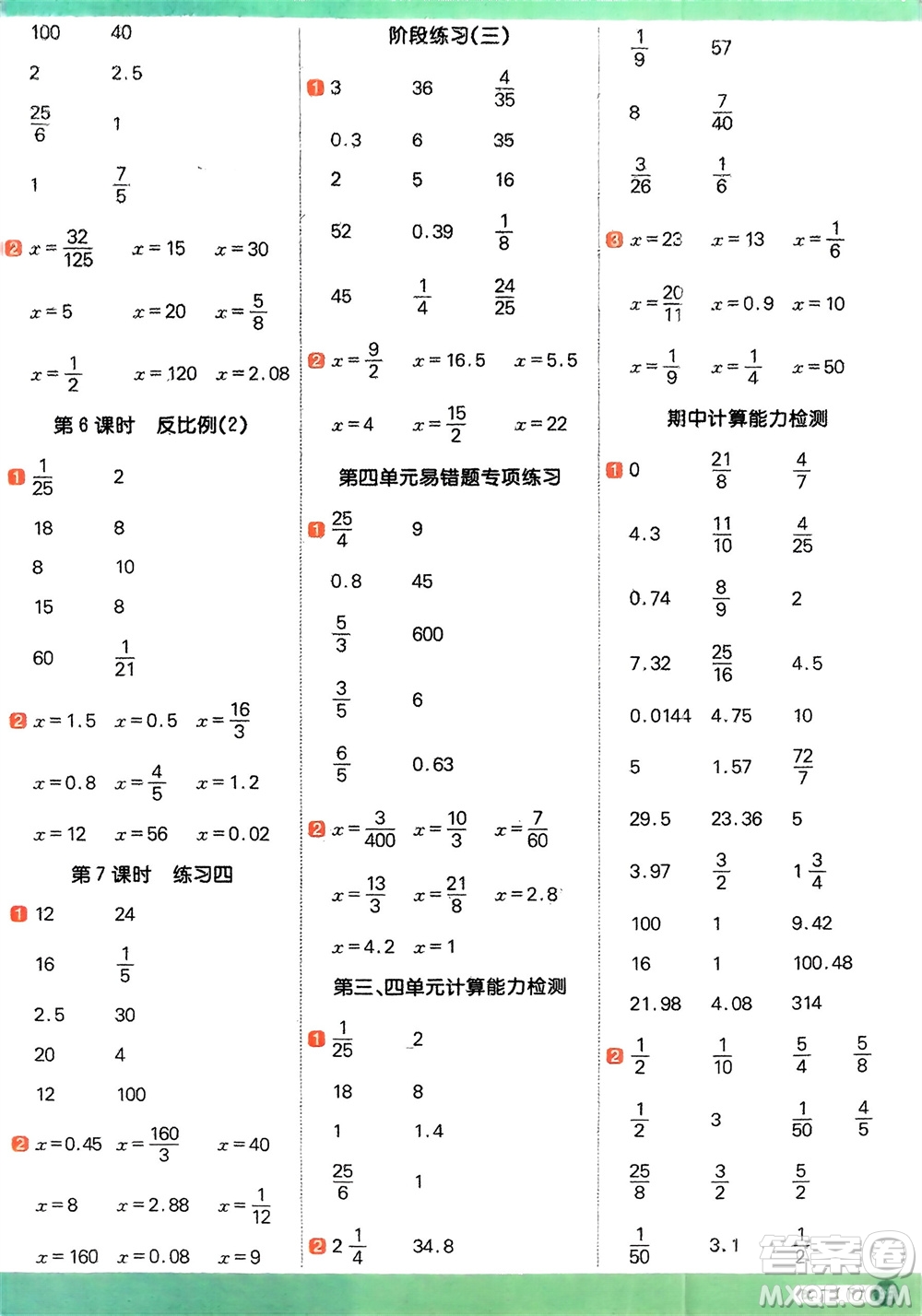 江西教育出版社2024年春陽(yáng)光同學(xué)計(jì)算小達(dá)人六年級(jí)數(shù)學(xué)下冊(cè)北師大版參考答案