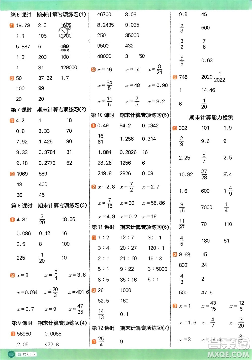 江西教育出版社2024年春陽(yáng)光同學(xué)計(jì)算小達(dá)人六年級(jí)數(shù)學(xué)下冊(cè)北師大版參考答案