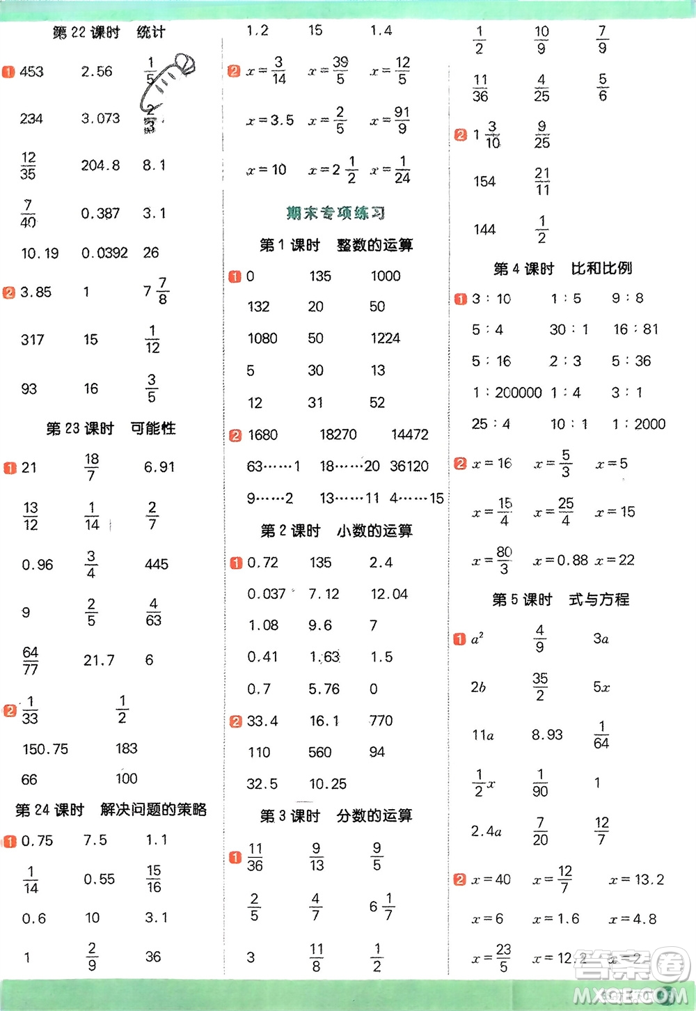 江西教育出版社2024年春陽(yáng)光同學(xué)計(jì)算小達(dá)人六年級(jí)數(shù)學(xué)下冊(cè)北師大版參考答案