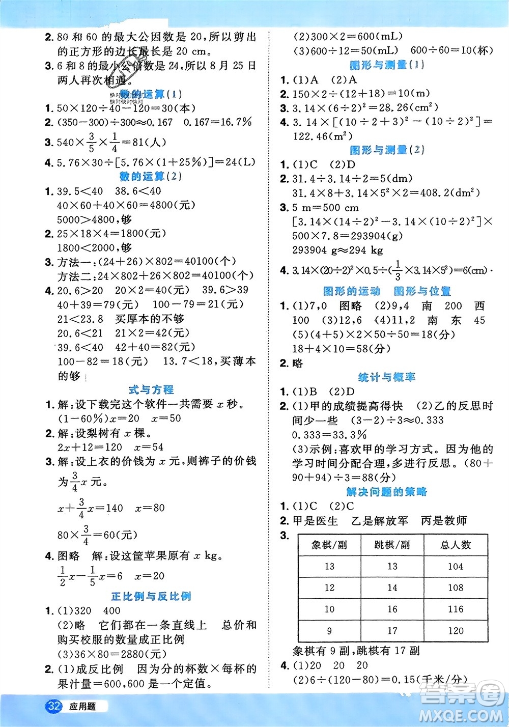 江西教育出版社2024年春陽(yáng)光同學(xué)計(jì)算小達(dá)人六年級(jí)數(shù)學(xué)下冊(cè)北師大版參考答案