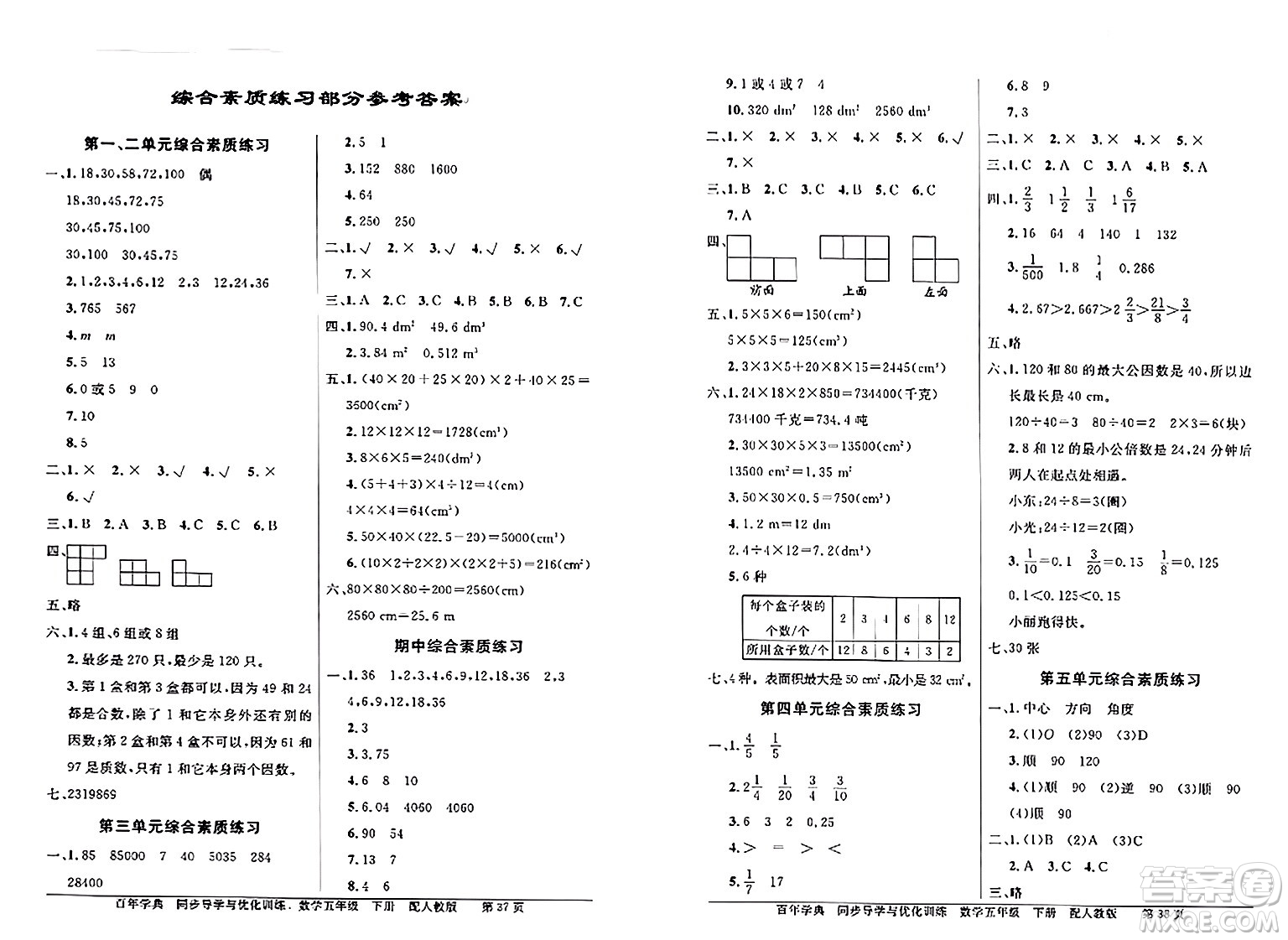 人民教育出版社2024年春同步導學與優(yōu)化訓練五年級數學下冊人教版答案