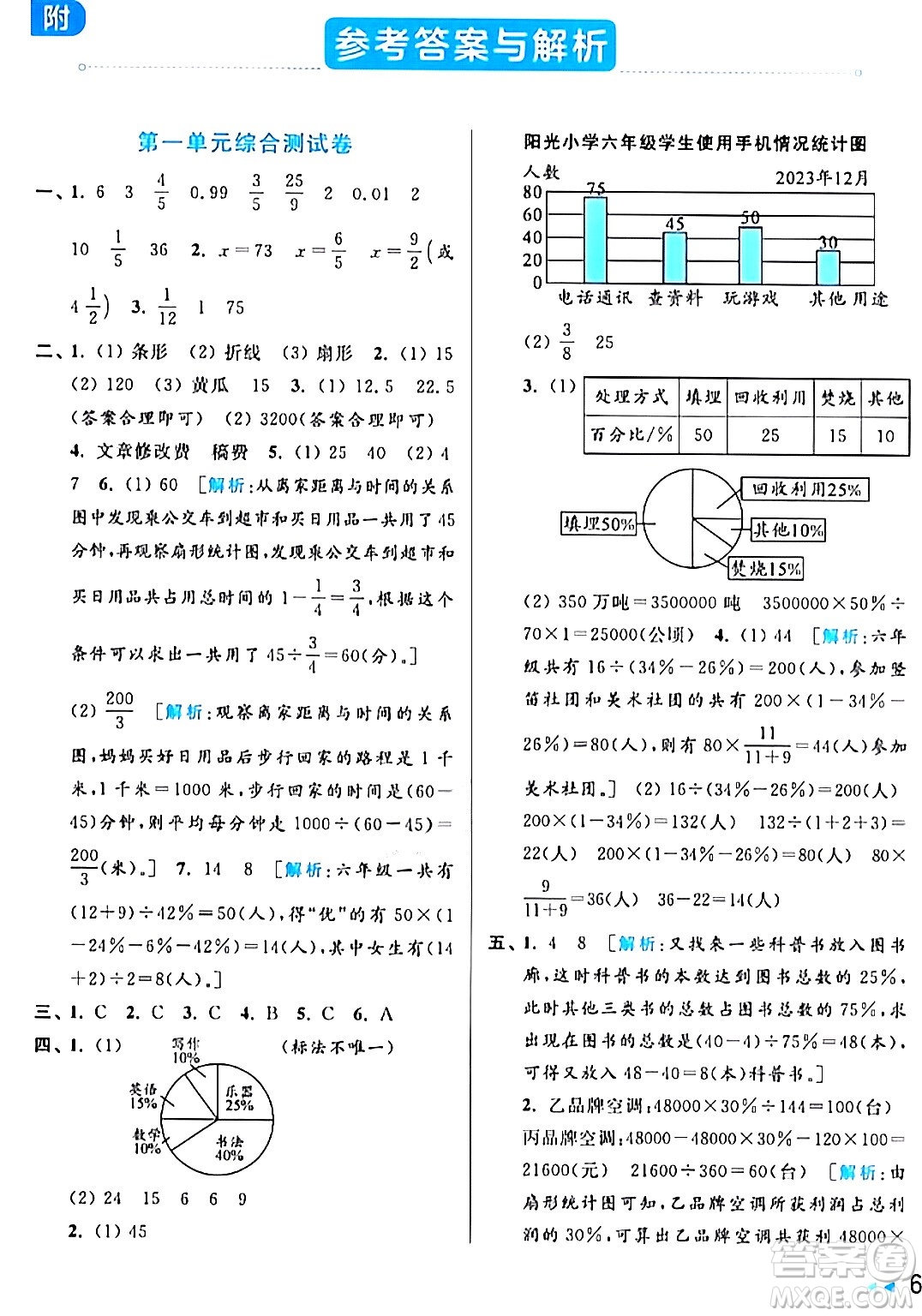 北京教育出版社2024年春亮點給力大試卷六年級數(shù)學(xué)下冊江蘇版答案