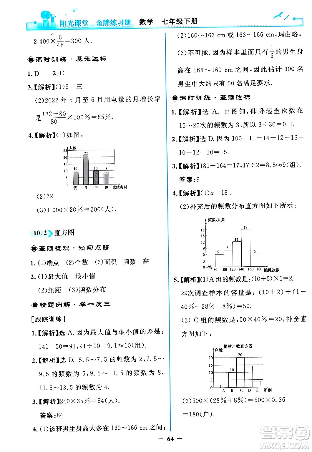 人民教育出版社2024年春陽光課堂金牌練習冊七年級數學下冊人教版答案