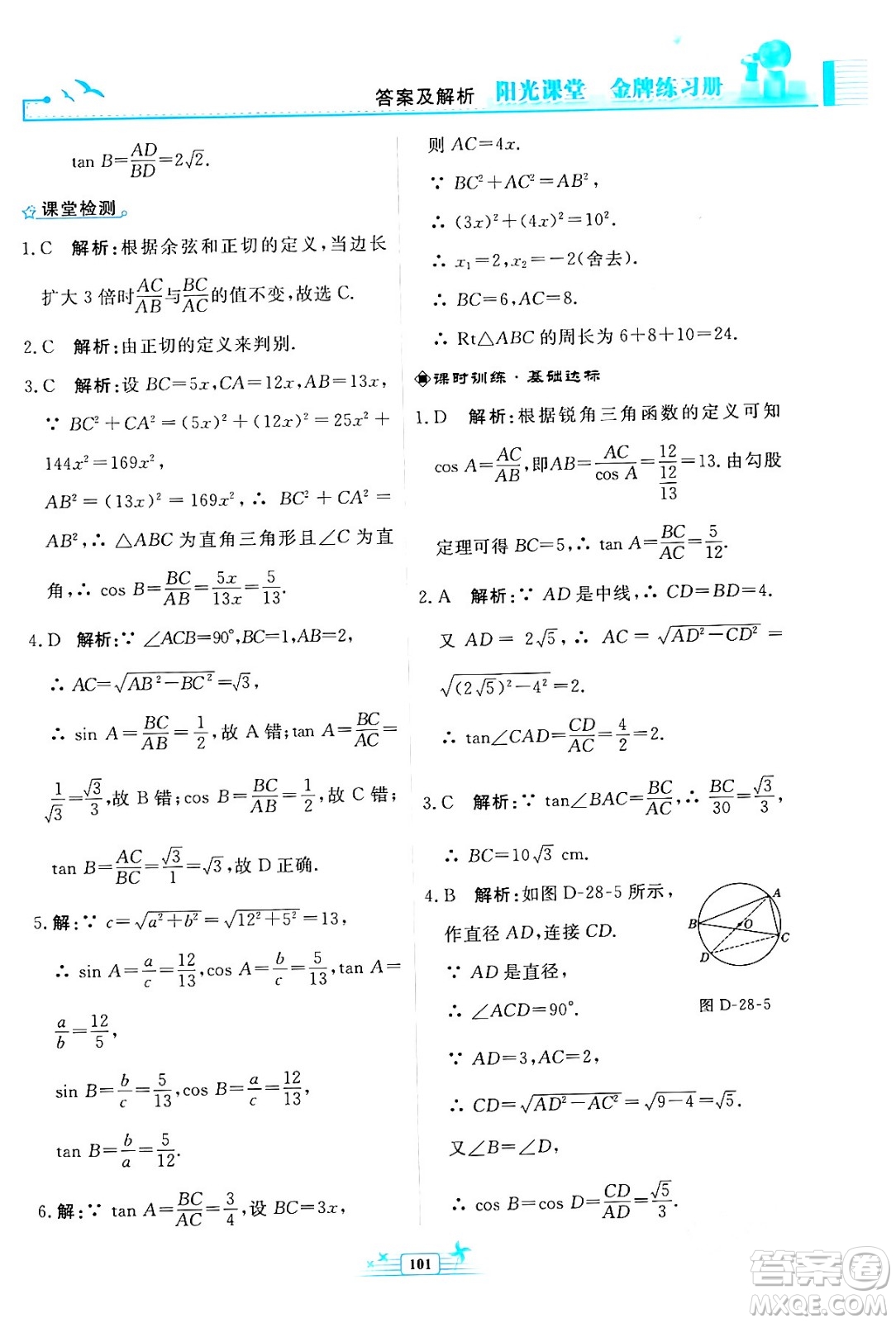 人民教育出版社2024年春陽光課堂金牌練習(xí)冊九年級數(shù)學(xué)下冊人教版福建專版答案