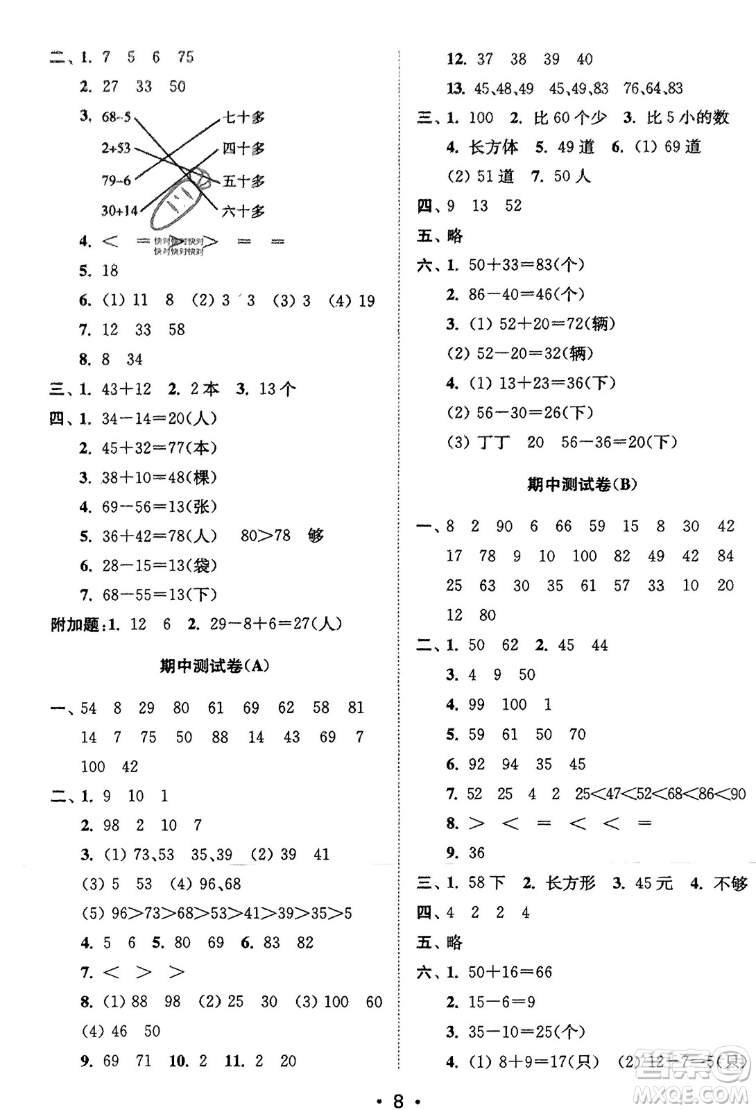 江蘇鳳凰美術(shù)出版社2024年春創(chuàng)新課時作業(yè)本一年級數(shù)學(xué)下冊江蘇版參考答案