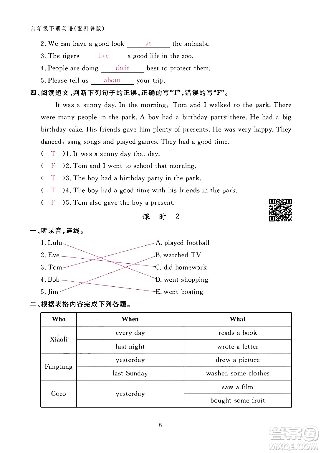 江西教育出版社2024年春英語作業(yè)本六年級英語下冊科普版答案