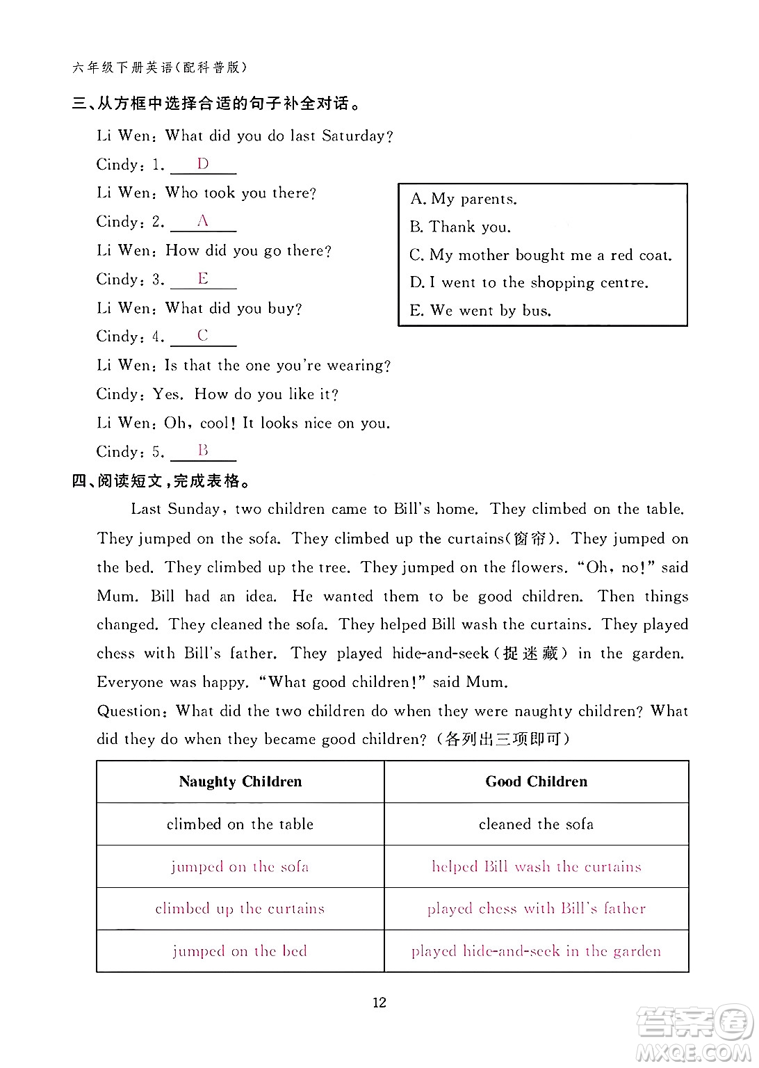 江西教育出版社2024年春英語作業(yè)本六年級英語下冊科普版答案