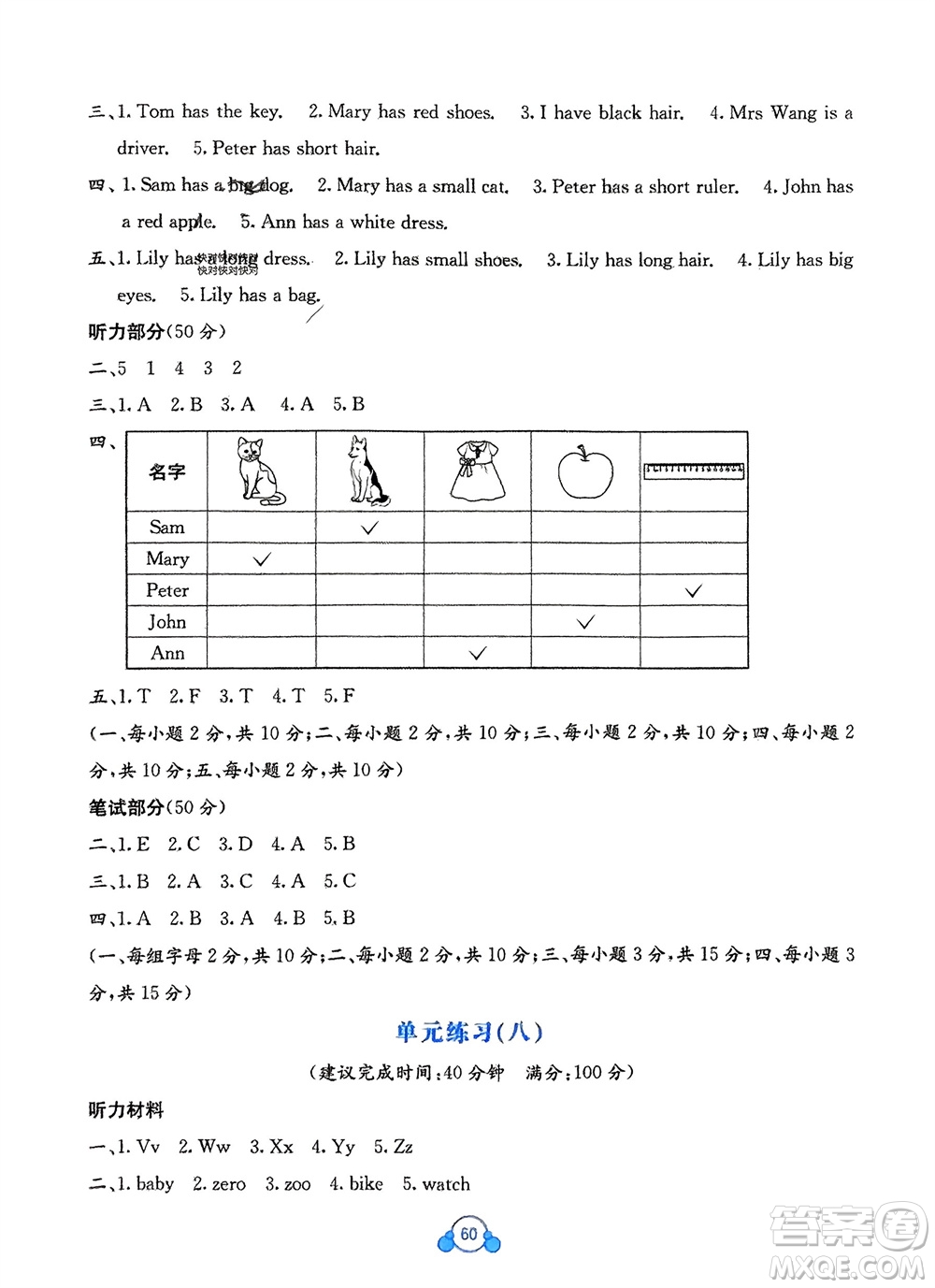 廣西教育出版社2024年春自主學習能力測評單元測試三年級英語下冊C版接力版參考答案