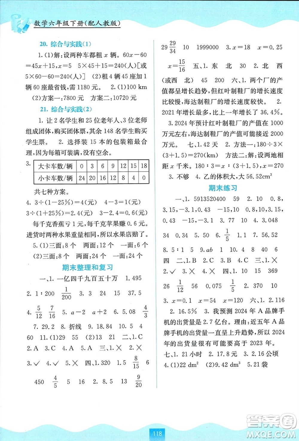 廣西教育出版社2024年春自主學(xué)習(xí)能力測評六年級數(shù)學(xué)下冊人教版參考答案