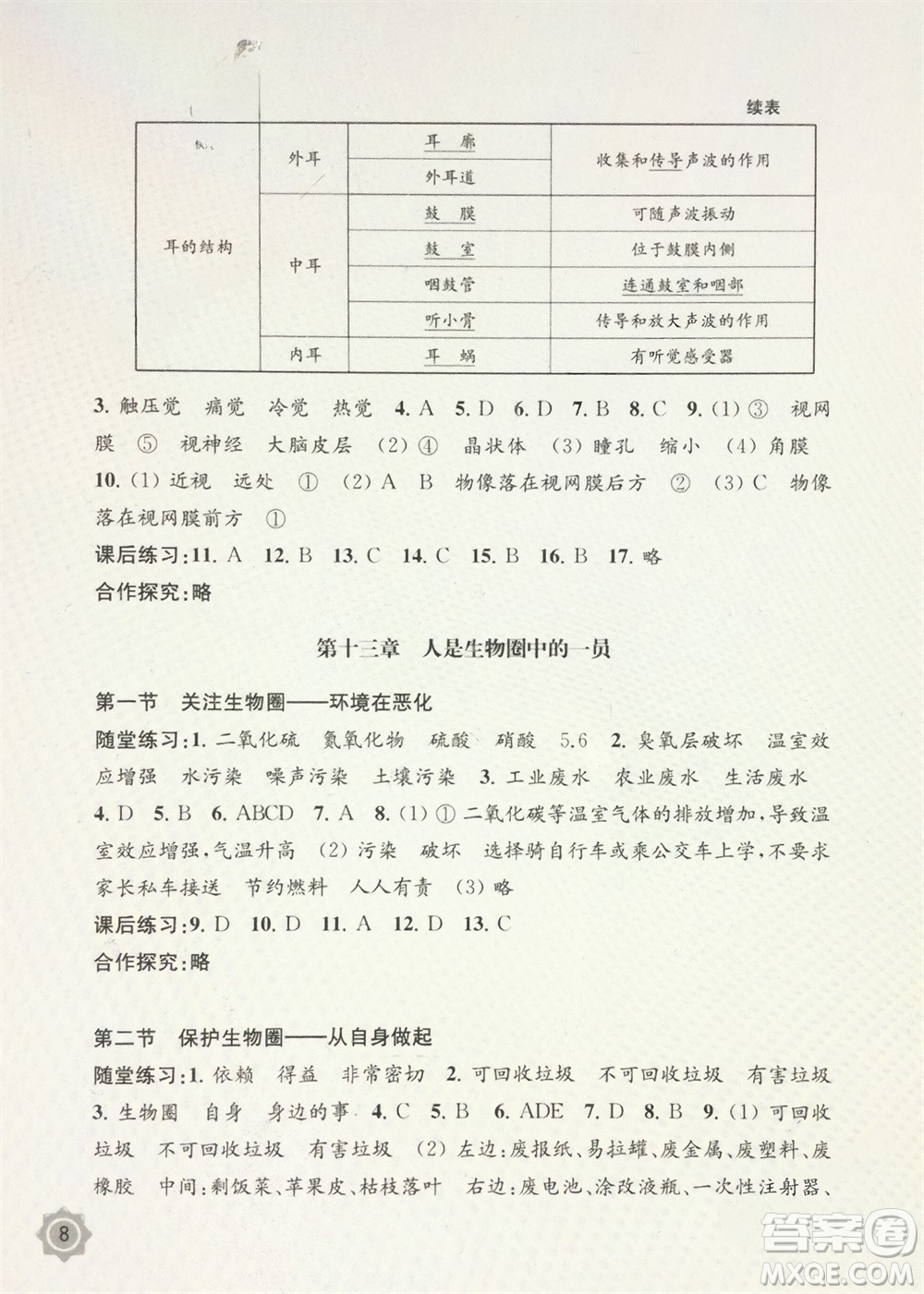 江蘇鳳凰教育出版社2024年春配套綜合練習七年級生物下冊蘇教版參考答案