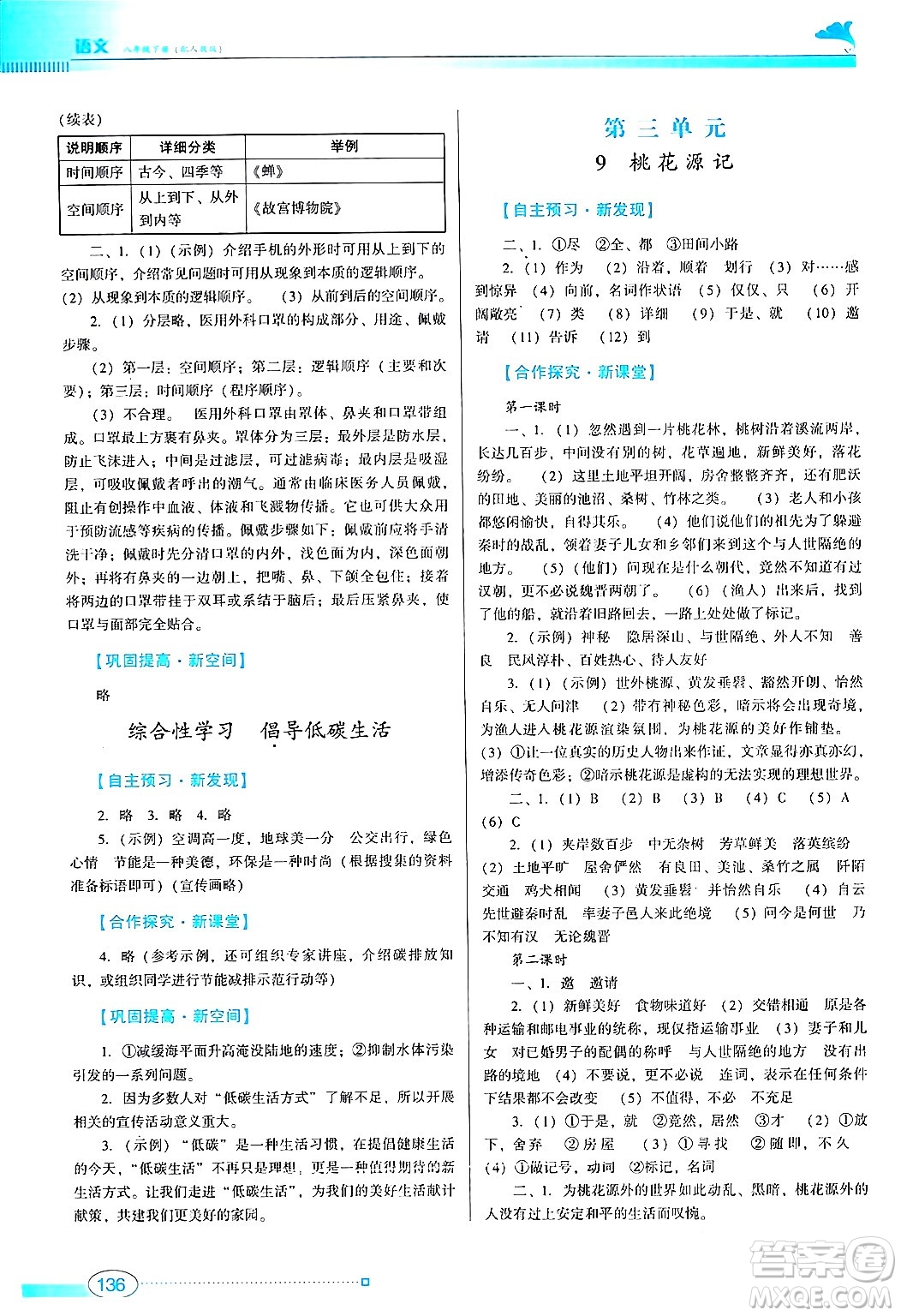 廣東教育出版社2024年春南方新課堂金牌學(xué)案八年級語文人教版答案