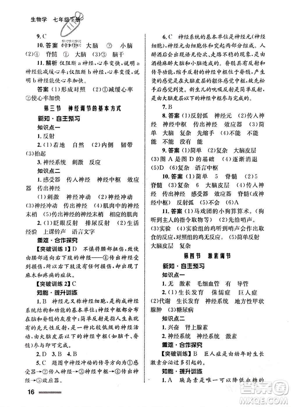 甘肅教育出版社2024年春配套綜合練習(xí)七年級生物下冊人教版參考答案