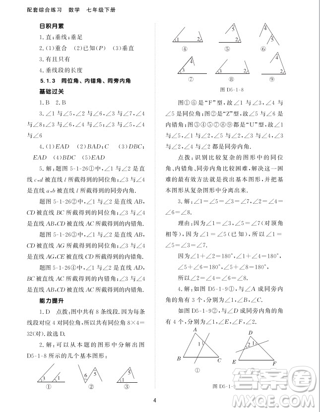 北京師范大學出版社2024年春配套綜合練習七年級數(shù)學下冊人教版參考答案